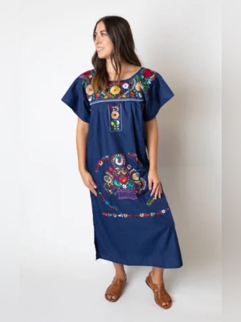 Vintage 70s Embroidered Fiesta Flores Dress | Navy Blue | Size S/M